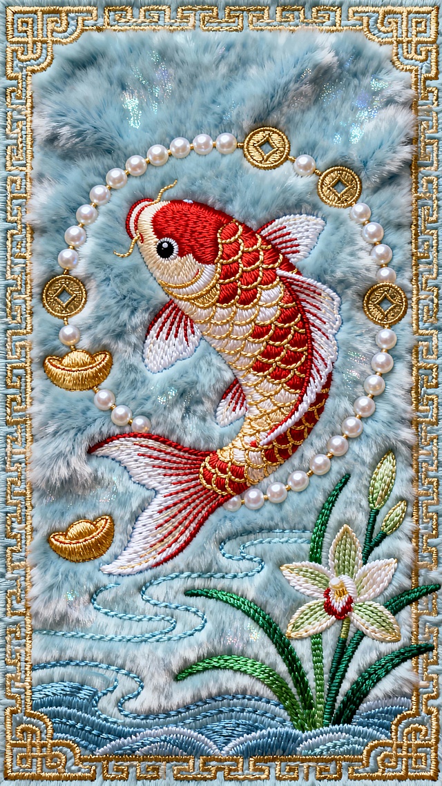 中式刺绣风，工笔细腻描绘红鲤跃水，金玉环绕，重拟物质感，喜庆祥瑞，古典雅致。