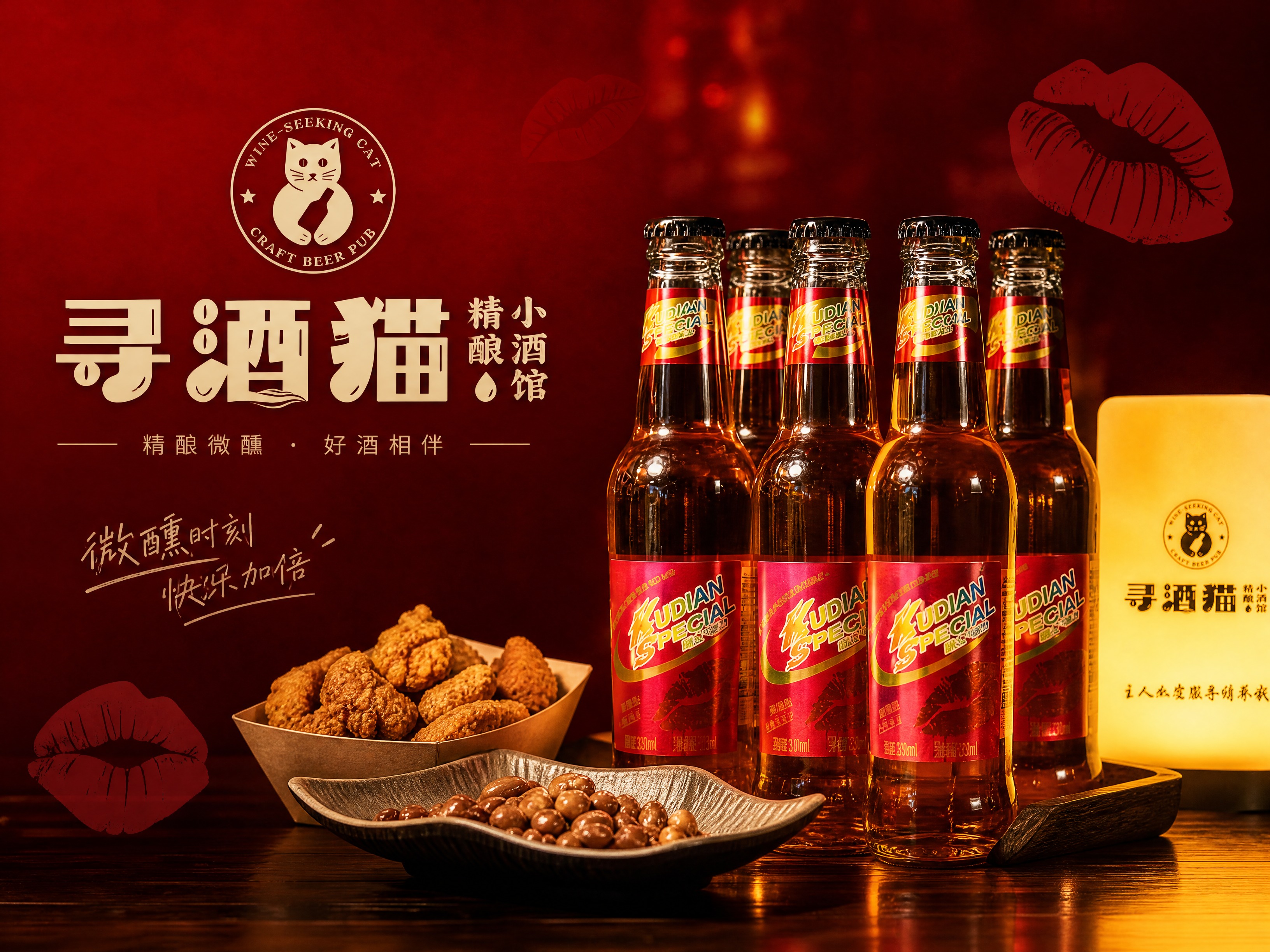 将主图中的KUDIAN SPECIAL玻璃瓶装酒品与寻酒猫品牌… - 图片创意预览