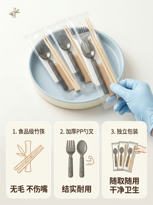 一次性筷子四件套卖点详情图，小清新风格，浅米白背景，分三个模块展示卖点：1.食品级竹筷 无毛刺不伤嘴 2.加厚PP勺叉 结实耐用 3.独立包装 随取随用 干净卫生，搭配对应小图标，字体用圆体，排版清晰预览效果