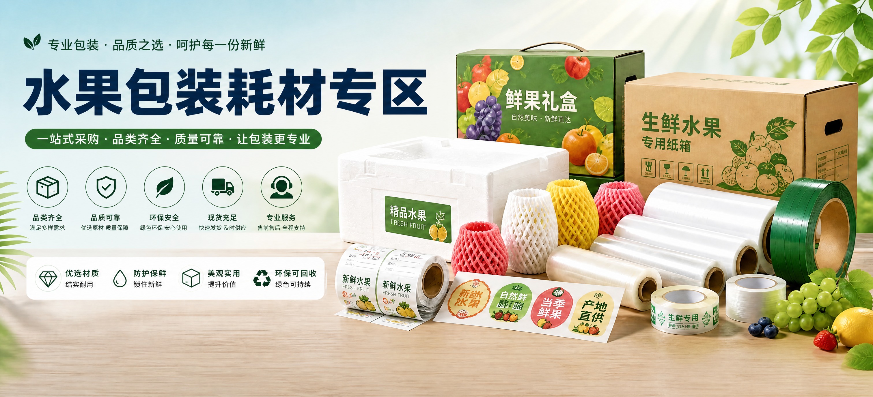 基于这张水果包装耗材专区海报，删除底部整行的联系方式信息栏，包… - 图片创意预览