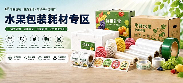 基于这张水果包装耗材专区海报，删除底部整行的联系方式信息栏，包括：左侧二维码占位及"扫码咨询 了解更多产品信息"、"咨询热线 400-888-8888"、"公司地址 XX省XX市XX区XX路XX号"、"官方网站 www.xxxpack.com"、右侧二维码占位及"关注公众号 获取更多行业资讯"，以及底部深绿色横条整体全部删除。其余所有内容保持不变，包括顶部"专业包装·品质之选·呵护每一份新鲜"标语、"水果包装耗材专区"大标题、"一站式采购·品类齐全·质量可靠·让包装更专业"绿色标签、中部五个图标（品类齐全、品质可靠、环保安全、现货充足、专业服务）、下方四个图标（优选材质、防护保鲜、美观实用、环保可回收）、右侧所有包装耗材产品（礼盒、纸箱、泡沫箱、网套、保鲜膜、标签贴纸等）、背景绿叶装饰都完整保留。删除底部联系方式栏后，画面下方自然延伸，产品展示更完整，版式精美协调，整体更简洁大气。画面中所有文字必须精确渲染，不得错位、遗漏或编造。