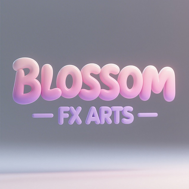 文字标Logo设计，品牌名称分两行排列，第一行文字"BLOSSOM"，第二行文字"FX ARTS"，纯文字无图案，3D梦幻公主风格，优雅柔美曲线字体，粉色和浅紫色渐变，柔和梦幻光晕，立体蓬松奶油质感，干净的纯白色背景，精致高级甜美，符合logo设计的几何平衡与统一原则，字母间距精确调整