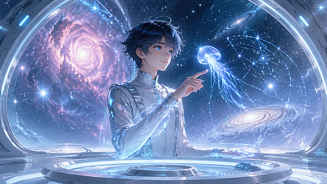 杰作，最高画质，透明球形的私人太空舱漂浮在星云之中，少年与他的AI全息伙伴共享这片宇宙，少年身穿银灰智能服装，站在环形操控台前，他的肩膀上方飘浮着一个拳头大小的全息精灵伙伴，形状像一只发光的水母，拖着淡蓝色的数据触须，它正在投射出旋转的星座导航图，少年伸出一根手指轻触精灵，精灵便化作一道光流缠绕着他的手臂，少年安静微笑，眼神里闪烁着星光，四面通透的玻璃外是瑰丽的玫瑰星云与银河，舱内只有纯白地面和极简光带，氛围空灵，冰蓝色与白色主导，极致未来感与温柔相伴，二次元动画电影画质，8K。负面提示词：赛博朋克，霓虹灯，城市，暗黑，暖色，拥挤，破旧，文字，水印，低质量