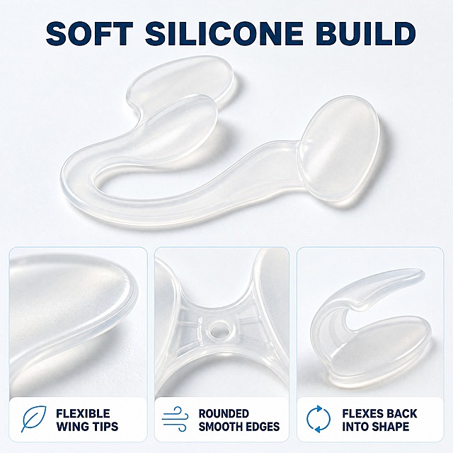 [主图-3] 商品名称「4 Pcs Silicone Nasal Dilators — Soft Clear Nose Vents for Nighttime Breathing Comfort and Daily Wear」。本张唯一任务：结构证据——用微距证明柔性硅胶翼片、圆润边缘与 U 形连接桥的真实结构。
[统一基调] 清爽可信的个护信息图视觉：纯净白到极浅冰蓝白背景（#FFFFFF→#F1F7FA），透明偏乳白硅胶产品配深墨蓝标题（#103A5A）、中灰辅助文字（#6B7580）与清透水蓝强调（#3FA9D8）；单一几何无衬线粗体，仅以字号层级区分主副；卡片统一 16px 圆角白卡 + 1px 浅灰蓝描边，图标统一 2px 线性描边；左上 45° 柔光，透明硅胶呈清透高光与柔和折射，右下自然接触阴影。
[画面] 画面上方保留一块完整的透明硅胶鼻腔扩张器 3/4 视角主视觉作为语境组件，可见它放在浅灰白台面上的真实接触状态；下方并排三张微距证据卡：左卡微距展示椭圆形柔性翼片边缘的圆润软胶厚度与半透质感；中卡微距展示 U 形连接桥与桥身中部圆形透气孔、加强筋的结构；右卡以侧面微距展示产品被弯折后仍能回弹复原的状态；每张卡下方带 16px 圆角白卡标签条，卡与卡留白均匀。
[光影质感] 微距摄影质感，左上柔光突出硅胶半透明层次、边缘亮线与细腻质感，卡片内产品有自然接触阴影，无硬边残留。
[配色] 沿用统一基调；三张卡底色纯净白，仅用水蓝强调元素，不引入第二种主色。
[文字版式] 主标题置顶部居中偏左，深墨蓝粗体大字 "SOFT SILICONE BUILD"；三张卡标签为深墨蓝小号粗体 "FLEXIBLE WING TIPS"、"ROUNDED SMOOTH EDGES"、"FLEXES BACK INTO SHAPE"；全图仅英文文案，禁止中文、错字。
[输出要求] 1:1 正方形；负向：任何中文、尺寸数字（cm 或 in）、材质成分、认证或医疗器械字样、水印、平台 Logo、品牌标志、变形、结构错误、模糊、杂乱、手指与人体。