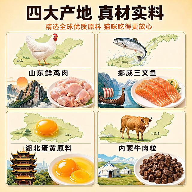 [单张主图] 猫粮配料产地信息主图，爆款促销感路线，核心任务是用四宫格形式展示四大优质产地配料，让消费者一眼看懂猫粮原料来源的高品质与多样性。

[画面主体] 画面顶部居中放置主标题和副标题，主标题大而醒目，副标题稍小位于主标题下方。画面主体区域为四宫格布局，2行2列，均匀分布，每个宫格展示一种配料产地信息。每个宫格内部结构一致：上半部分约占宫格的45%，展示对应产地的简化地图轮廓，地图上放置该配料的原生物（如鸡、鱼、蛋黄、牛）的写实插画，地图下方用一条细横线分割，横线下方标注配料全称文字；下半部分约占宫格的55%，左侧为对应产地的地标建筑插画形式，右侧为该配料放在白色瓷盘中的美食摄影展示图。

[四宫格内容分配] 左上宫格：山东鲜鸡肉——上半部分山东省地图轮廓，地图上一只健壮的白羽鸡，下方文字"山东鲜鸡肉"；下半部分左侧为泰山日出插画地标，右侧为盘中鲜嫩生鸡肉块展示。右上宫格：挪威三文鱼——上半部分挪威国家地图轮廓，地图上一条跃动的三文鱼，下方文字"挪威三文鱼"；下半部分左侧为峡湾与维京船插画地标，右侧为盘中橙红色三文鱼刺身展示。左下宫格：湖北蛋黄原料——上半部分湖北省地图轮廓，地图上一颗金黄饱满的蛋黄，下方文字"湖北蛋黄原料"；下半部分左侧为黄鹤楼插画地标，右侧为盘中金黄蛋黄与蛋液展示。右下宫格：内蒙牛肉粒——上半部分内蒙古地图轮廓，地图上一头健壮的黄牛，下方文字"内蒙牛肉粒"；下半部分左侧为蒙古包与草原插画地标，右侧为盘中深褐色牛肉粒展示。

[构图版式] 顶部大标题型，顶部约25%区域放主副标题，中部约70%区域为四宫格主体，底部约5%留安全边距。四宫格之间有均匀间距，每个宫格有轻微圆角和细边框，整体信息层级清晰。

[文案版式] 顶部居中主标题："四大产地 真材实料"，字体为粗黑体，字号最大，颜色为深棕色；主标题下方副标题："精选全球优质原料 猫咪吃得更放心"，字体为中等粗细圆体，字号约为主标题的40%，颜色为暖橙色。每个宫格内配料名称文字为粗黑体，颜色深棕，位于横线下方居中。所有文字清晰可读，无错字。

[光影质感] 整体商业摄影与插画结合的质感，食材部分有真实的光影和质感，肉类表面有自然光泽和纹理，蛋黄饱满透亮；地图和地标建筑为扁平化插画风格，线条简洁，色彩明快。整体光线均匀柔和，无强烈阴影。

[配色字体] 主背景色为温暖的米黄色渐变，营造天然健康的食品感；辅助色为暖橙色、深棕色、草绿色；强调色为金黄色。主标题用粗黑体，副标题和配料名用圆润黑体，整体字体统一，字号层级分明。

[比例分辨率] 1:1正方形，2K分辨率，2048x2048像素，文字清晰锐利，食材细节丰富。

[负向提示词] 禁止变形、错字、模糊、水印、平台Logo、杂乱背景、人物出现、猫咪遮挡配料、地图轮廓错误、地标建筑不 recognizable、食材不新鲜、颜色灰暗、文字歪斜、宫格比例失调。