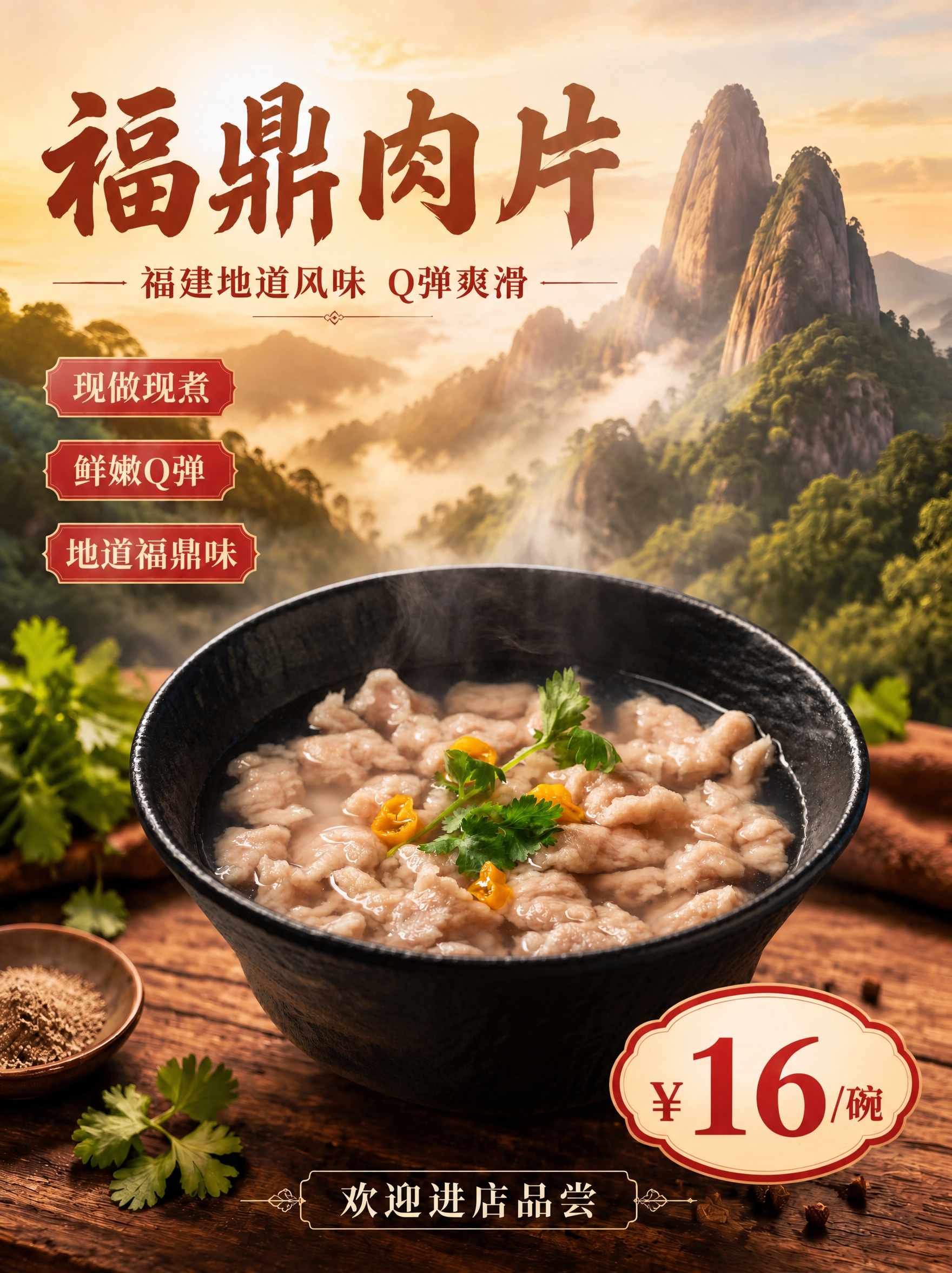 将海报中间的福鼎肉片碗替换为第二张图中的黑色碗装肉片，保持第二… - 图片创意预览