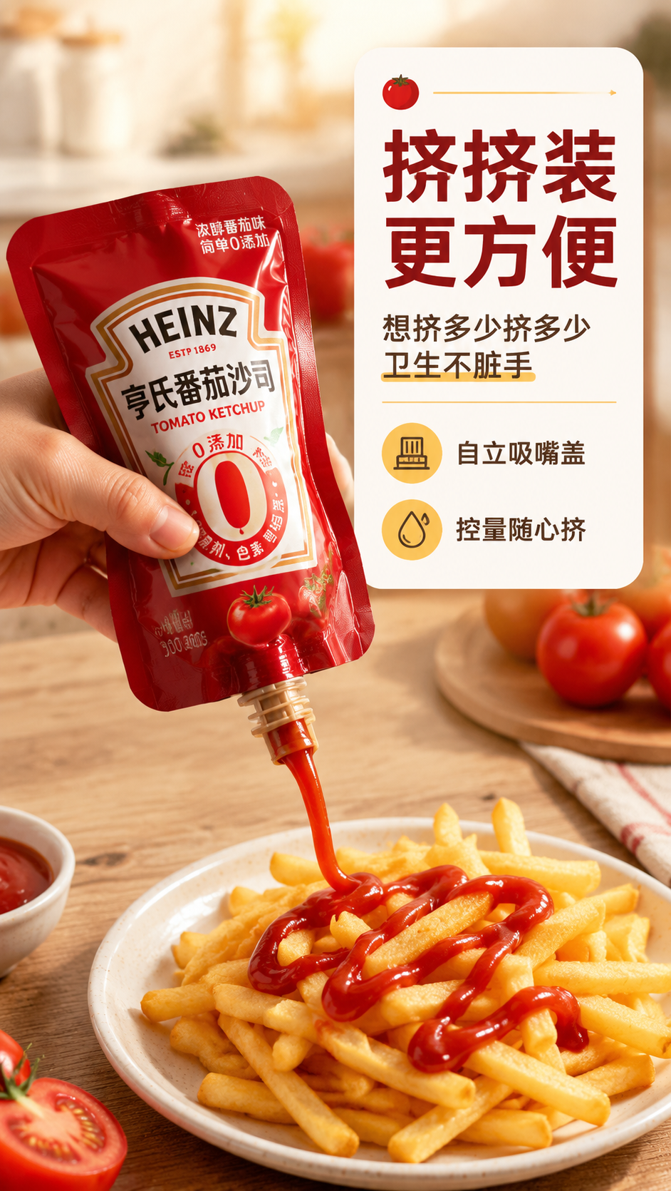 [商品] 使用【图1】亨氏0添加番茄沙司红色挤挤袋装；保留袋型… - 图片创意预览
