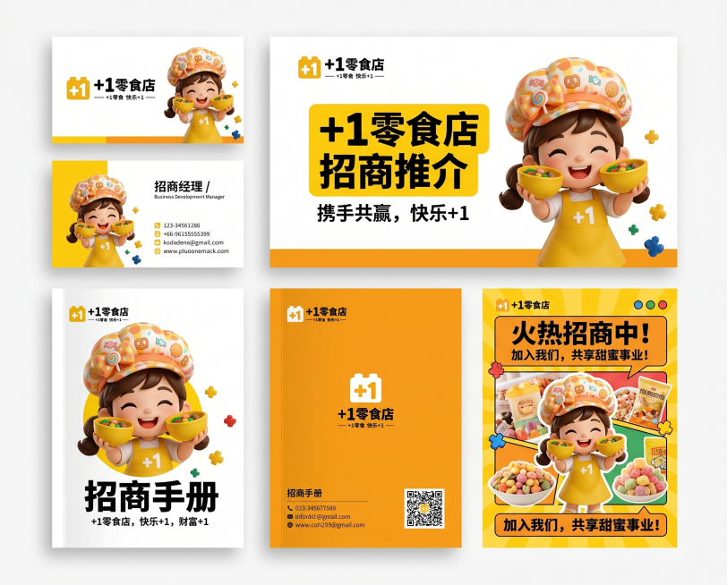 设计+1零食店招商与线上VI物料，包含名片、PPT封面、招商手册封面及封底、朋友圈宣传图，使用品牌IP和logo，风格统一活泼，专业招商风格适配品牌定位预览效果