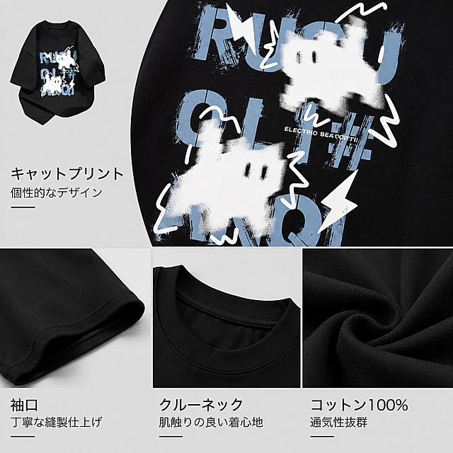 亚马逊商品详情图，1:1正方形，浅灰色纯色背景，排版简洁清晰。左上角小尺寸展示黑色T恤整体主图（占画面约1/6比例），其余区域放大展示4个细节特写：1.猫印花图案特写（最大区域）配日文"キャットプリント 個性的なデザイン"；2.袖口细节特写配日文"袖口 丁寧な縫製仕上げ"；3.圆领细节特写配日文"クルーネック 肌触りの良い着心地"；4.纯棉面料纹理特写配日文"コットン100% 通気性抜群"。所有文字均为日文，字体简洁现代，整体风格专业电商风，细节图清晰放大，产品质感真实。