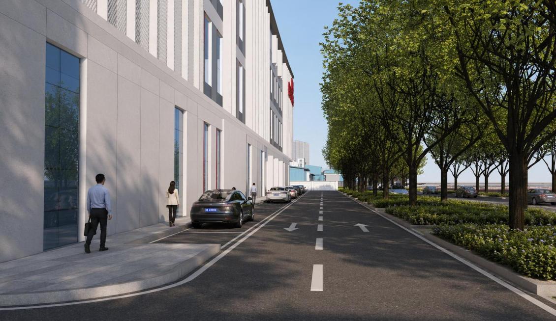 基于原图，不改变原有建筑及道路布局，渲染成办公区实景效果图，绿化位置添加简约地被植物配置，停车位添加车辆，人行道添加行人，调整为晴天柔和光影效果预览效果