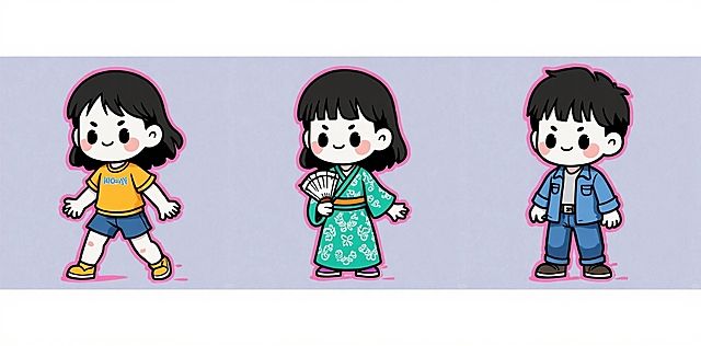 可爱卡通插画风，三人物形象生动，色彩明亮，童趣十足。