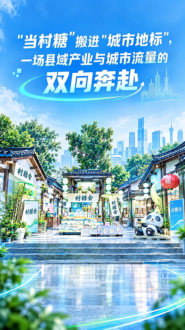 将画面中所有招牌上的文字都改为"村糖会"，包括左侧建筑招牌、中间摊位上方的横幅招牌、右侧的竖幅招牌等所有带有文字的招牌。保持招牌的原有样式、颜色、字体风格和位置不变，只替换文字内容为"村糖会"。画面其他元素（标题、熊猫、建筑、灯笼、城市背景等）保持原样不变。