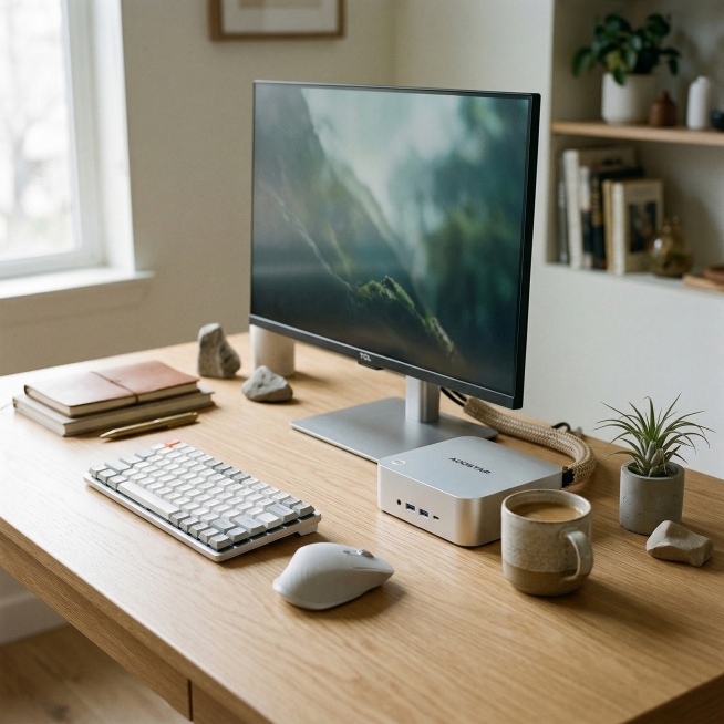 另一个角度的生活化极简风格Minimalist Desk Setup桌面场景，包含MACO 470迷你主机、4K TCL显示器、桌搭摆件和无线键鼠，整体简约干净，产品摆放自然，柔和自然光，生活化桌面氛预览效果