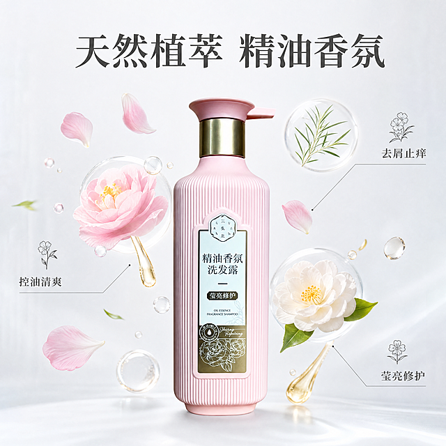 [主图-2] 百雀羚三生花 天然植萃成分解析图。产品居中放置在画面底部，上方悬浮真实植物花瓣、精油水滴围绕产品，用极细浅灰色线指向成分，标注对应功效。保持产品外观与输入产品图绝对一致，杜绝变形色差。整体风格纯净简约科研感，背景低饱和浅灰，通透亮调。主光源来自正面柔光，突出瓶身质感，成分元素柔和半透明，不抢产品主体。构图居中饱满，画面满屏无边框。文字版式：顶部大字主文案"天然植萃 精油香氛"，深灰色粗体居中；三个成分区分别用小字号标注"控油清爽"、"去屑止痒"、"莹亮修护"，每个名称旁配合对应植物线稿小图标。1:1比例，4k分辨率，文字清晰可辨，超高清。负向提示词：变形，水印，文字错乱，产品图模糊，背景杂乱。
