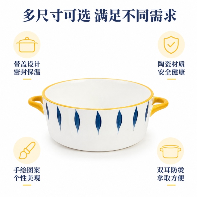「图片1」，生成一套主图（10张），汤碗家用日式手绘双耳大碗创意餐具个性汤盆陶瓷带盖泡面碗网红   不带耳朵口径尺寸18cm  带耳朵口径尺寸23.5cm 高7.5「图片1」适配拼多多平台，主图比例为预览效果