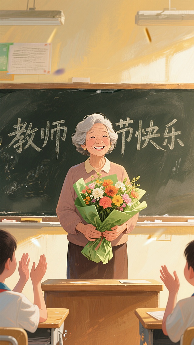 教室里，黑板上写着 “教师节快乐” ，一位笑容灿烂的年迈女教师捧着绿色包装的一束花站在讲台上面对学生，学生鼓掌，暖黄色光影，正视，画面重心居下
