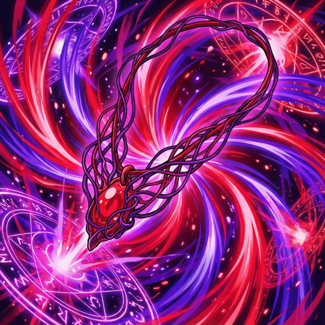 红魔项链技能图：血红色项链缠绕暗紫色能量丝，延伸出血色与靛蓝色光带，光效充满整个画面，无留白空底，呈现抽取储存血量和蓝量的效果，流动感强烈预览效果
