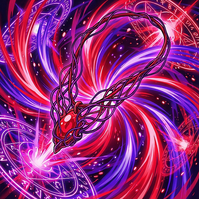 红魔项链技能图：血红色项链缠绕暗紫色能量丝，延伸出血色与靛蓝色光带，光效充满整个画面，无留白空底，呈现抽取储存血量和蓝量的效果，流动感强烈