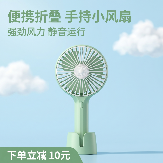 [主图-1] 清新夏日出行手持小风扇首图。
[氛围风格] 清爽夏日户外通勤风，干净明亮通透；
[画质] 商业摄影质感，光线柔和通透，产品清晰真实，画面干净高级。
[元素] 浅绿色手持小风扇居中放置，融预览效果