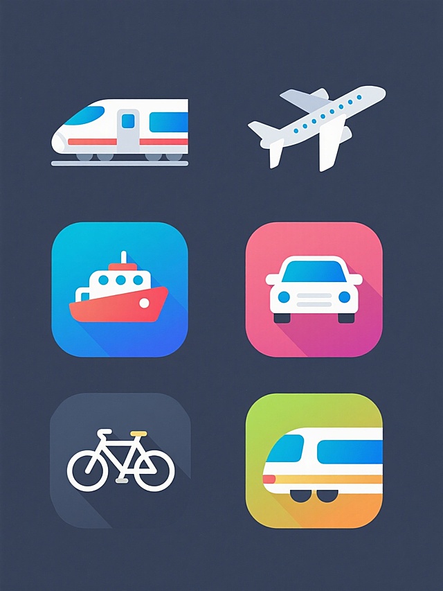 六个不同纯色背景的现代交通工具图标系列，保持统一的简约扁平风格，每个图标采用不同的整体色彩，包含高铁列车、飞机、轮船、汽车、地铁、自行车六种交通工具，元素类目不变，规整排布，无文字、二维码及多余装饰。