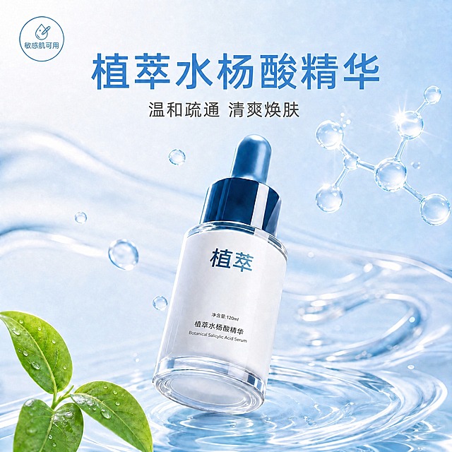 修改瓶身最下方的拼音文字：把"zhicui shuijiangsuan jinghua"改成英文"Botanical Salicylic Acid Serum"，字体大小、颜色、位置和居中对齐方式保持不变，字体风格改为简洁的无衬线英文字体。其余所有画面元素、背景、光影、构图、其他中文文字都完全保持不变，只修改这一行英文文字