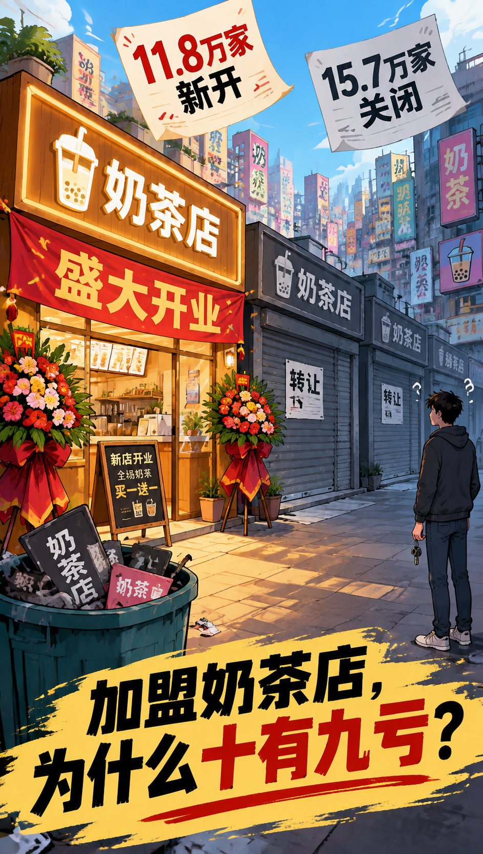 参照参考图的卡通动漫插画风格与竖版构图，生成一张商业街场景插画… - 图片创意预览