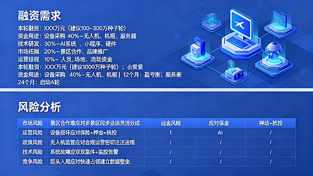 商业PPT内页，上下分栏布局，上部分标题"融资需求"，正文内容"本轮融资：XXX万元（建议100-300万种子轮）；资金用途：设备采购 40% - 无人机、机柜、服务器；技术研发 30% - AI系统、小程序、硬件；市场拓展 20% - 景区合作、品牌推广；运营资金 10% - 人员、场地、流动资金；里程碑：6个月：10个景区 | 12个月：盈亏平衡 | 24个月：启动A轮"；下部分标题"风险分析"，包含风险应对表格：市场风险景区合作难应对多景区同步洽谈灵活分成，运营风险设备损坏应对保险+押金+风控AI，政策风险无人机监管应对合规运营密切关注法规，技术风险系统故障应对双备份+监控告警，竞争风险巨头入局应对快速占领建立数据壁垒，现代商务科技风格，排版清晰易读