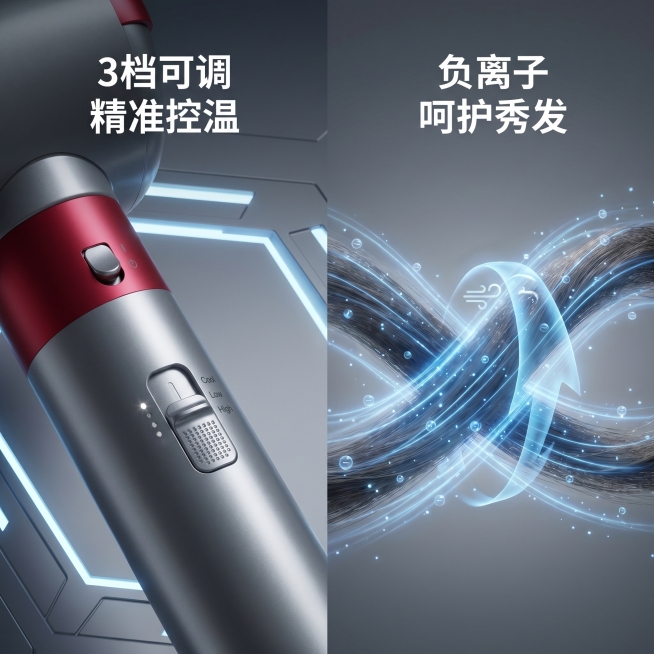 [主图 4] 七合一卷发热风直发棒负离子和三档功能细节展示。
[氛围风格] 未来科技风，科技冷感，理性高级，整体风格光影配色与前三张保持完全统一。
[画质] 商业C4D渲染质感，Octane物理级超写预览效果