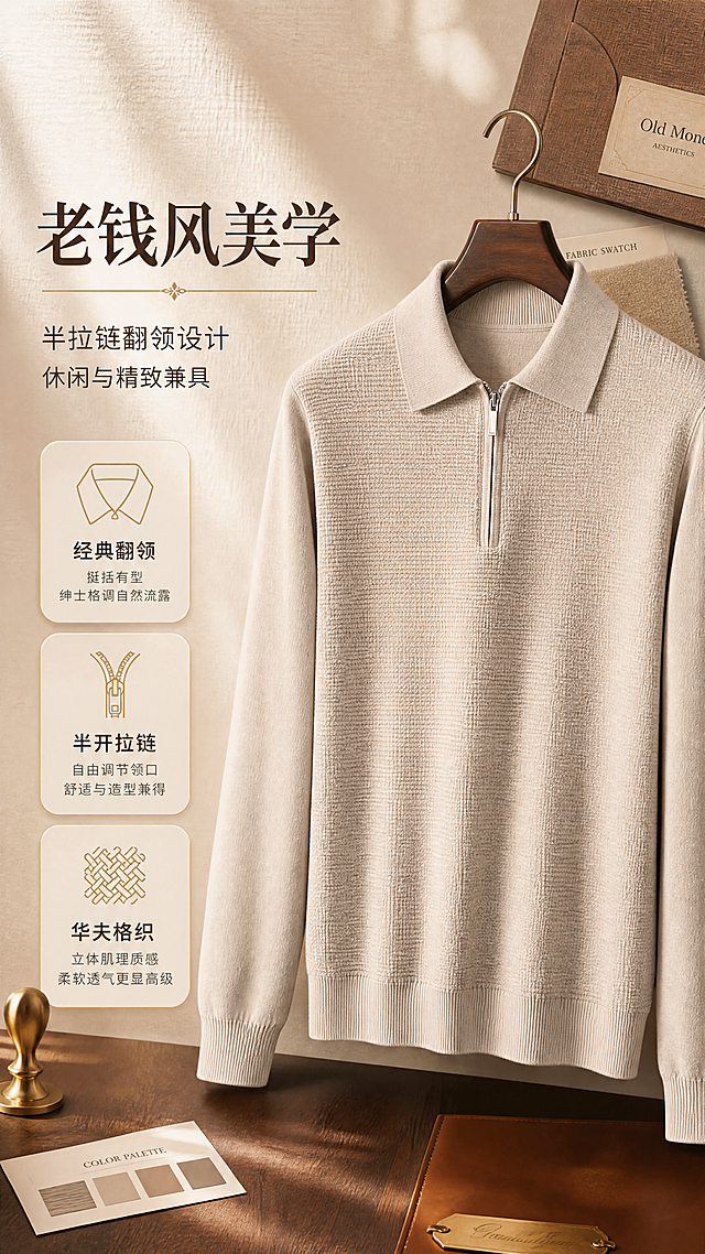 [商品] 使用【图2】米色男士半拉链翻领针织衫；保留翻领、半开金属拉链、华夫格针织纹理、罗纹袖口与下摆、长袖版型；自然去除衣身褶皱，理顺垂坠，增强针织纹理质感和金属拉链高光，不改变版型、颜色和结构。
[画面] 目标：设计理念页，表达老钱风美学与半拉链翻领设计的休闲精致感；构图：左文右图竖版布局，右侧米色针织衫悬挂展示占画面55%，左侧留白放设计理念文案与关键词；前中后景：前景针织衫主体，中景浅米色质感背景叠加织物纹理，后景柔和光影与复古软装元素（皮质衣架、面料小样、色卡）；阅读动线从左至右再向下。
[视觉] 套系策略：风格=老钱风国际轻奢大牌感，休闲高级商业摄影；标题字=现代衬线粗体，优雅有质感；正文字=简洁无衬线体；主色=深驼棕+米杏色；背景延展=基于深驼棕与米杏做深浅层级、同色渐变和细腻木质/织物质感；强调色=古铜金，仅用于小面积图标、引线、标签和装饰线；标题色=深炭棕；正文色=暖灰棕；组件=细线引线、圆角浅底信息卡、复古质感标签；光影=左前侧暖柔光，柔和阴影，高级影棚质感。
[文字] 主标题"老钱风美学"，副标题"半拉链翻领设计 休闲与精致兼具"，3个关键词：「经典翻领」「半开拉链」「华夫格织」；文字位于画面左侧，主标题在上，关键词以小卡片形式竖排排列，不遮挡服装主体。
[规格] 图片比例9:16竖版，分辨率4K，质量medium；避免变形、错字、文字过小、冷蓝/冷灰背景、衣服颜色改变、版型失真、极限词、平台Logo水印。