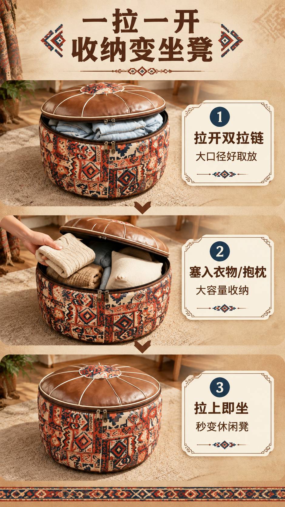 [商品] 使用【图6】【图7】民族风上开口拉链收纳凳；保留圆形… - 图片创意预览