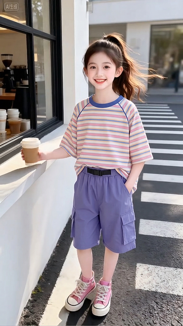 把图1的短袖和裤子给图的2的人物穿上，保留原场景光影，保持图2的人物的五官和发型不变，图片宽高尺寸不变，背景不变，鞋子不变，人物姿势不变，保持图1的短袖和裤子的款式材质不变和颜色不变