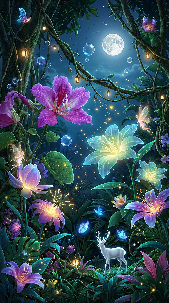 以超高清画质呈现，画面细节清晰可见，笔触细腻，色彩鲜艳且层次丰富，每个元素都精致无比，整体画面如同高精度的艺术品，清晰锐利，毫无模糊之感，巨大的花朵，梦幻丛林，茂密植物，紫荆花，各种奇异花朵，大叶植物，发光的叶子，发光的花朵，小精灵，古藤，藤蔓，小灯笼，蓝色水泡泡，白色水泡泡，金色光点，满月，蓝色发光蝴蝶，白鹿，夜色。