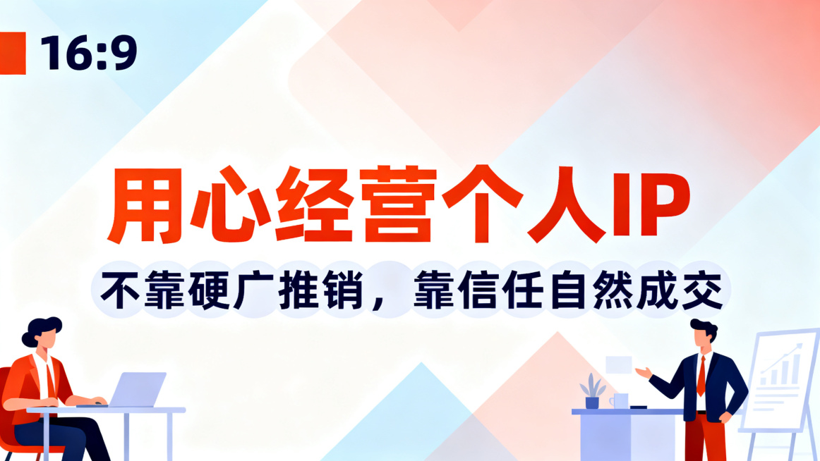 扁平风16:9海报，主标题用橙红色加粗黑体"用心经营个人 IP"，副标题用深蓝色圆体"不靠硬广推销，靠信任自然成交"，背景为扁平化几何拼接渐变背景，搭配扁平化职场人物插画，主副标题分明，字体颜色对比明预览效果