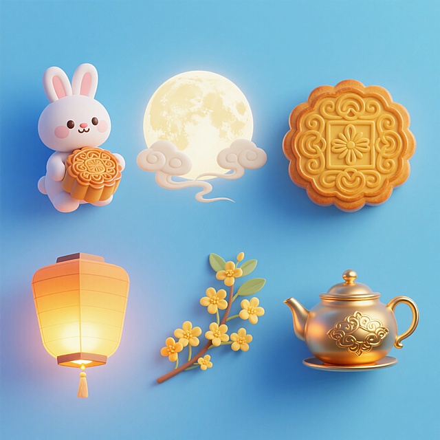 3D梦幻卡通风格，拟人兔子捧月饼，中式灯笼与茶壶，中秋佳节温馨场景。