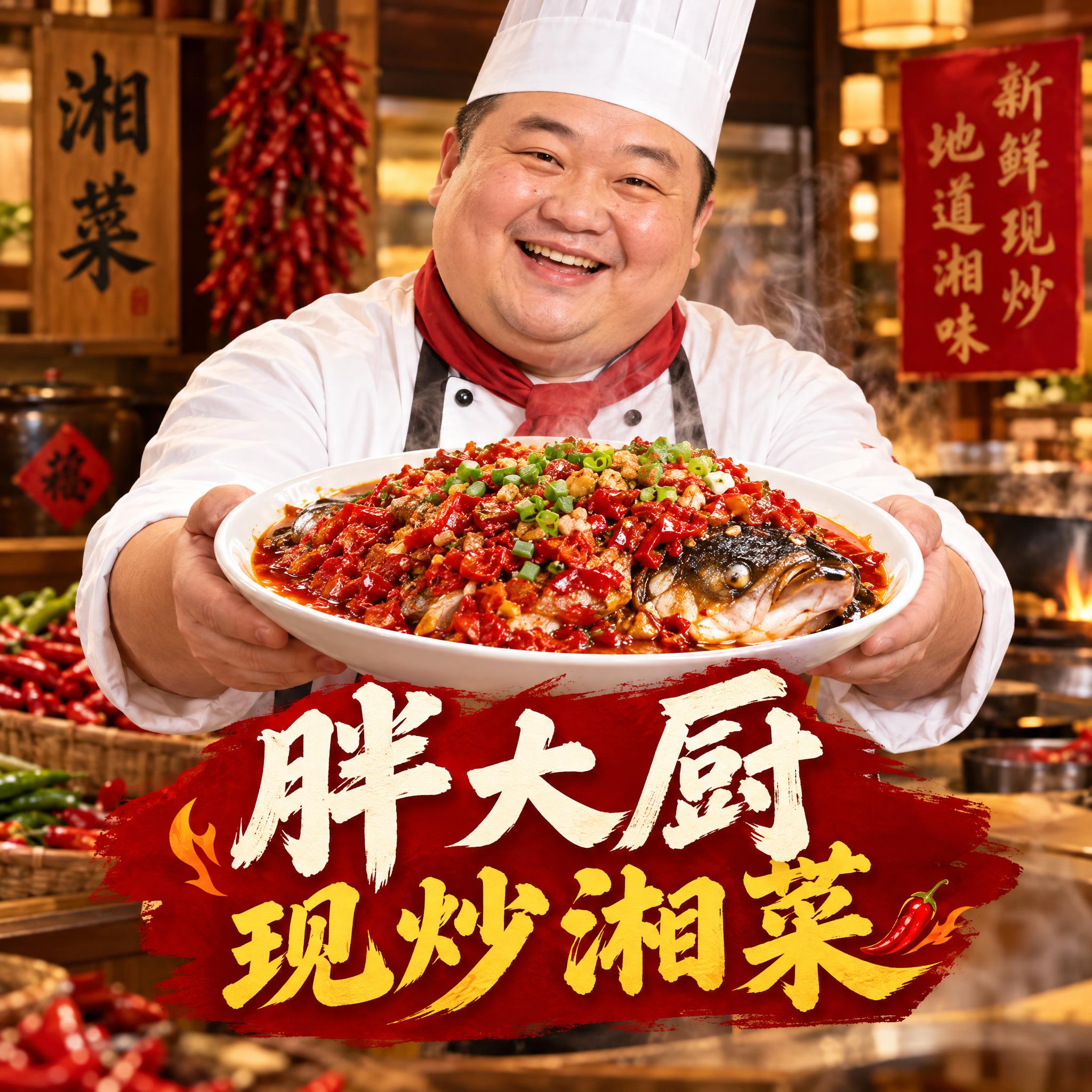 湘菜餐厅头像设计，店名"胖大厨现炒湘菜"，画面中央是一位胖乎乎… - 图片创意预览