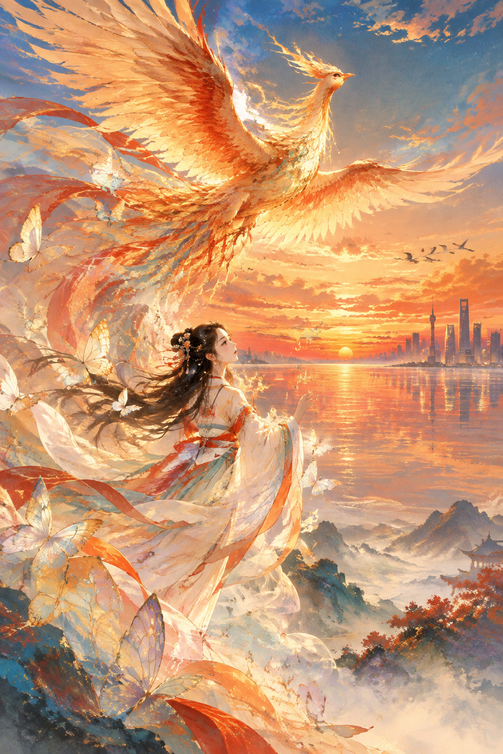 一幅东方意境的古风插画，画面中央一只金色凤凰展翅翱翔，羽毛流光… - 图片创意预览