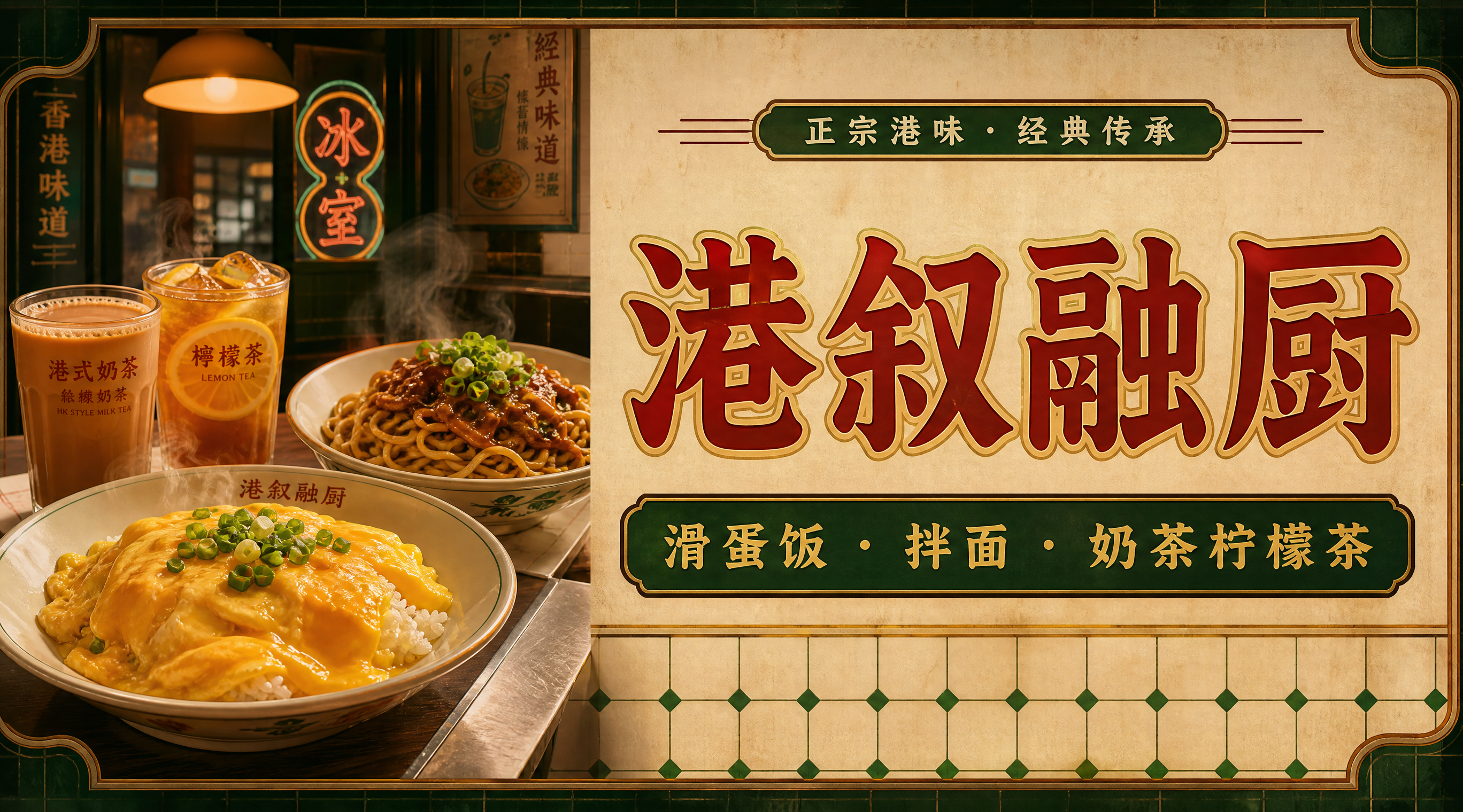 港式茶餐厅店招横幅，横版构图。左右分栏布局：左侧约占40%，展… - 图片创意预览