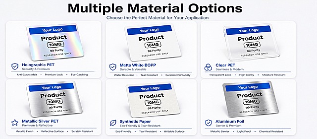 [商品] 使用【图1】【图2】的标签设计（蓝色Your Logo条、Product、10MG/3ML、镭射银底、RESEARCH USE ONLY）作为基础设计语言，衍生出6种不同材质的标签，每种材质的标签设计布局一致，仅底材材质和质感不同。6种材质参考【图3】和【图4】合并：Holographic PET（镭射银，即产品原色）、Matte White BOPP（哑光白）、Clear PET（透明）、Metallic Silver PET（金属银）、Synthetic Paper（合成纸）、Aluminum Foil（铝箔银）。
[画面] 页面目标：展示多种材质选择，帮助客户快速对比。构图：参照【图4】的2行3列网格布局，更规整清晰。顶部大标题+副标题，下方6个等大白色圆角卡片呈2行3列排列。每个卡片结构：上方为对应材质的标签实物特写（略微倾斜角度，有立体感和轻微阴影），下方为材质名称+简短特性描述。背景浅灰#F0F2F5。
[视觉] 套系策略：风格=跨境极简高级商业摄影；标题字=现代无衬线超粗体；正文字=简洁无衬线体；主色=浅灰白；背景延展=浅灰白渐变+细腻颗粒；强调色=产品亮蓝色（用于材质名称、图标、分割线）；标题色=深藏青近黑；正文色=中深灰；组件=白色圆角卡片+柔和投影、卡片内标签略微倾斜悬浮、蓝色材质名称；光影=顶部柔和漫射光，每种材质的质感真实清晰（镭射彩虹、哑光、透明、金属拉丝等）。
[文字] 顶部大标题"Multiple Material Options"，副标题"Choose the Perfect Material for Your Application"。6个卡片：
1. Holographic PET / Security & Premium / Anti-Counterfeit • Premium Look • Eye-Catching
2. Matte White BOPP / Durable & Versatile / Water Resistant • Tear Resistant • Excellent Printability
3. Clear PET / Seamless & Modern / Transparent Look • High Clarity • Moisture Resistant
4. Metallic Silver PET / Premium & Reflective / Metallic Finish • Reflective Surface • Scratch Resistant
5. Synthetic Paper / Eco-Friendly & Tear-Resistant / Eco-Friendly • Tear Resistant • Writable Surface
6. Aluminum Foil / Barrier & Premium / Metallic Barrier • Light Proof • Chemical Resistant
所有文字横排，英文地道。
[规格] 图片比例约16:7横版，分辨率4K，负向提示：避免材质质感不真实、标签设计不统一、文字错漏、中文出现。