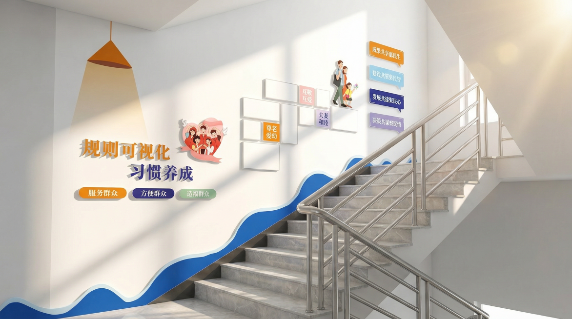 转平面图转化为3D效果图，明亮的现代室内楼梯间，白色墙面，浅灰色大理石楼梯台阶，银色不锈钢栏杆，阳光斜洒在墙面形成柔和光影。低角度斜向平视视角，带自然的透视感，轻微广角，完整呈现墙面文化墙的横向延展与预览效果
