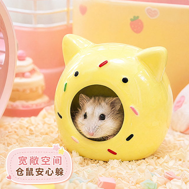 [主图-4] 仓鼠躲避屋宽敞空间场景展示。[氛围风格] 延续马卡龙色系童话甜品风，真实使用场景，温馨治愈。[画质] 商业摄影质感，光线柔和通透，产品清晰真实，画面干净高级。[元素] 一只仓鼠正安心躲在黄色猫耳甜甜圈躲避屋内，只露出小脑袋，直观展示躲避屋的宽敞内部空间，背景为干净的马卡龙童话风鼠笼角落场景。保持产品外观（物理结构、材质质感、颜色）与输入产品图绝对一致，杜绝任何变形和色差，精细化处理。商品主体占比约70%，画面满屏无边框。[光影] 柔和模拟笼内灯光，突出入口空间纵深感，陶瓷外壁光影自然，整体通透干净。[配色] 马卡龙奶黄浅粉渐变背景，保持整体风格统一，产品原色不变。[视角构图] 45度斜侧视角，清晰展示入口和内部空间，景深适中，层次清晰。[文字版式] 左下圆角标签写“宽敞空间 仓鼠安心躲”，圆润可爱字体，字色清晰不遮挡产品主体。[比例分辨率] 1:1比例，2048px × 2048px，4K分辨率，文字清晰锐利，画面超高清。[负向提示词] 变形，水印，文字错乱，产品图模糊，背景杂乱，仓鼠畸形。
