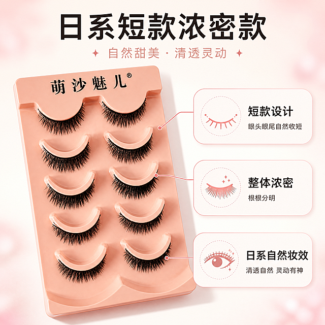 [主图-2] 萌沙魅儿日系短款浓密假睫毛（5对装）核心卖点 款式特点展示。
[统一基调] 整体风格为日系清透甜美美妆风，背景主色为柔粉色与奶白色渐变，标题字色为深棕黑色，辅助字色为豆沙粉色，强调色为樱花粉。字体样式为干净优雅的非衬线体，字号层级分明，卡片与图标采用圆角柔边设计，整体轻盈温柔。
[画面] 画面左侧放置萌沙魅儿粉色托盘假睫毛产品，托盘倾斜45度展示，占画面约45%。右侧为款式特点说明区域，用三个圆角小卡片分别展示三个核心特点，每个卡片配一个简约线条图标。第一个卡片配睫毛图标「短款设计 眼头眼尾自然收短」，第二个卡片配浓密睫毛图标「整体浓密 根根分明」，第三个卡片配眼睛图标「日系自然妆效」。卡片之间用细线连接到产品对应位置，形成引线说明效果。背景为奶白色底，边缘带淡淡粉色晕染。
[光影质感] 商业美妆摄影质感，柔和自然光效，产品立体感强，假睫毛纤维清晰可见，托盘哑光质感真实，阴影柔和。
[配色] 主色为奶白色和柔粉色，文字深棕黑色，图标豆沙粉色，强调色樱花粉，整体色调统一。
[文字版式] 画面顶部居中放置主标题「日系短款浓密款」，字号最大。右侧三个卡片内文字为标题+小字说明结构，卡片标题加粗，说明文字字号缩小。所有文字横排，放在负空间，不遮挡产品。
[输出要求] 比例1:1，文字清晰可读，产品清晰。负向：变形、错字、模糊、杂乱、水印、平台Logo、睫毛细节放大图、使用说明图、价格图、夸张长睫毛、眼尾拉长款。