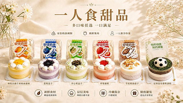 保持整体版式、标题、卖点、背景装饰、暖调奶油氛围完全不变。将画面中6款不带包装的圆形甜品（前方拆开的蛋糕）的高度再增加三分之一，使其更加高挺饱满，厚度明显增加，蛋糕体更厚实立体，不要扁平。后方带包装的方盒甜品保持原样。所有产品的口味装饰、奶油花、果酱、配料等细节均与上传图保持一致。