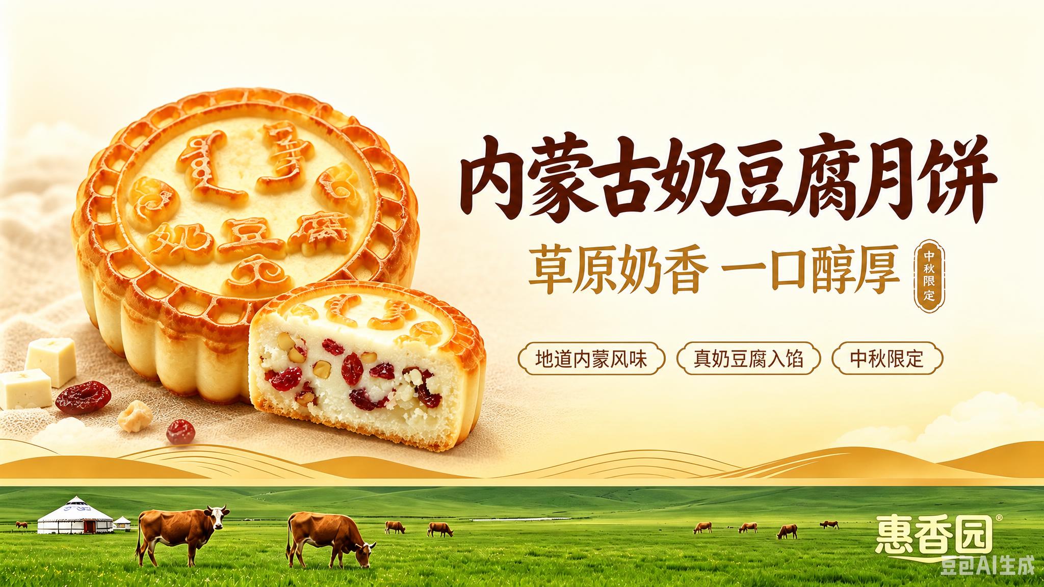 参考图1的版式骨架与氛围，制作一张内蒙古奶豆腐月饼商业海报。保… - 图片创意预览