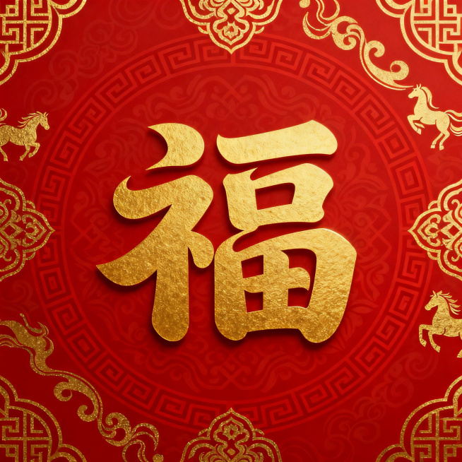 春节马年主题，大红色背景带有回纹、烫金马纹等春节花纹，正中间是具有设计感的金色福字，字体风格为创意美术字预览效果
