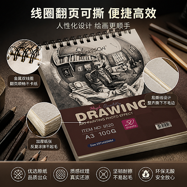 1688平台电商详情页第3张结构细节页，1:1正方形，线圈速写本工艺细节展示。本张使用【图1】中的A3规格速写本作为产品主体，保留产品外观特征。画面氛围：微距细节场景，光影从侧方打出突出纸张纹理与线圈质感，虚实结合，前景清晰背景虚化。元素布局：画面主体为斜放的线圈速写本局部特写，重点展示顶部黑色双线圈装订结构；左侧放大展示线圈翻页顺滑的细节，右侧放大展示易撕线撕取效果；下方展示纸张侧面厚度的层叠纹理；周围点缀几支素描铅笔与炭笔作为环境元素。文字版式：顶部主标题「线圈翻页可撕 便捷高效」，副标题「人性化设计 绘画更顺手」；三处细节用引线标注分别说明：「金属双线圈 翻页顺畅不卡纸」、「易撕线设计 整齐撕下不毛边」、「加厚纸张 反复涂抹不起毛」；底部加品质保障图标组。配色色系：深棕渐变底色，主色米白色高亮标注，辅助色白色文字，高级专业质感，呼应产品封面深棕+米白调性。商业摄影微距质感，高清细节，文字清晰可读，1688平台风格。