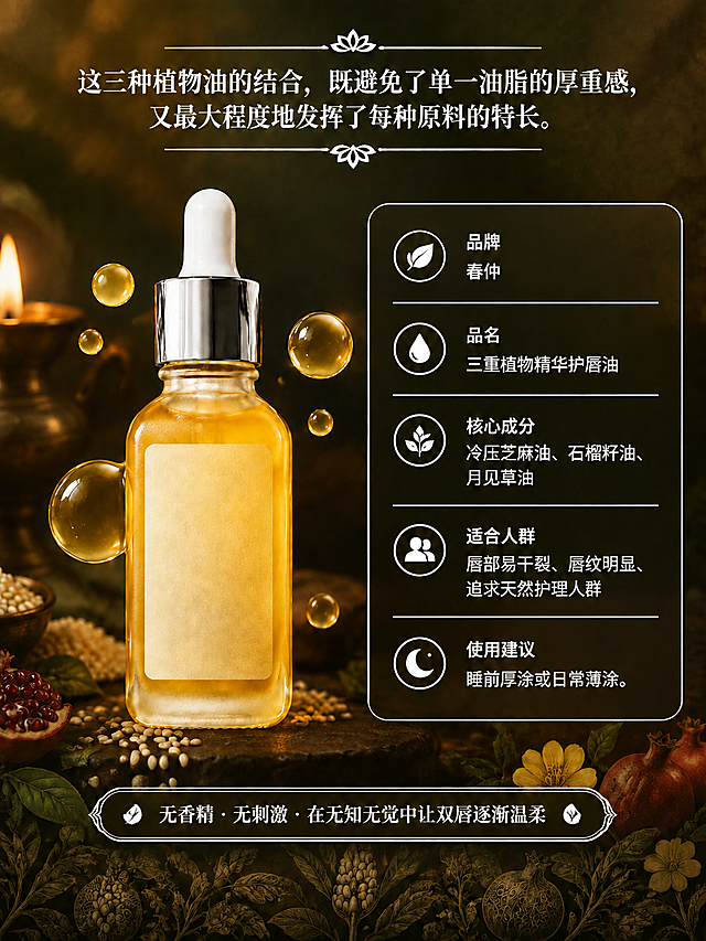 以这张阿育吠陀暗调收尾/产品信息页为基础做最小改动，只改颜色、不改任何构图与内容：
1、将所有字体改为纯白色：顶部总结「这三种植物油的结合，既避免了单一油脂的厚重感，又最大程度地发挥了每种原料的特长。」、右侧参数表全部标题与内容（品牌 春仲／品名 三重植物精华护唇油／核心成分 冷压芝麻油、石榴籽油、月见草油／适合人群 唇部易干裂、唇纹明显、追求天然护理人群／使用建议 睡前厚涂或日常薄涂）、底部横幅文字「无香精 · 无刺激 · 在无知无觉中让双唇逐渐温柔」全部纯白；
2、将所有分割线改为纯白色：顶部标题上下装饰细线与莲花图标、参数表外框描边与内部横向分割线、底部横幅外框线全部纯白；
3、将所有小图标改为纯白色：参数表左侧一列圆形小图标（叶子/水滴/三叶草/人像/月亮）、顶部莲花装饰、横幅两端装饰图标全部纯白；
4、其余画面元素完全不变：产品瓶（透明方瓶、金黄液体、银色旋盖、白色滴管头、瓶身空白标签）、瓶后金黄液体光晕与金油珠、背景植物与油灯、整体暗调构图、版式布局、植物数量与位置全部保持原样，不做任何简化或删改；
5、所有文字横向、逐字准确、手机端可读；不出现其他文字、水印、二维码、平台logo。4K分辨率，3:4竖版。
