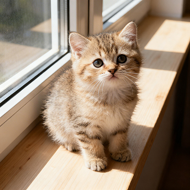暖阳洒落窗台，萌猫静坐凝望，毛发细腻如绒，光影交错间透出温馨与治愈，真实质感与柔美氛围交织。