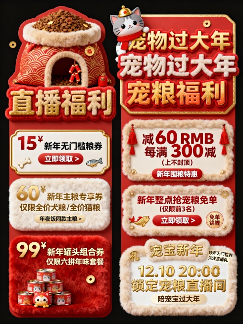 毛绒卡通风格宠物食品直播间双标签视觉设计，采用红 + 金 + 米新年喜庆高饱和撞色，满溢浓浓年味；左标签为红底金边宠物窝异形造型，为一个整体，顶部装饰 3D 堆积的红金纹新年款宠粮袋、堆叠成宝塔状罐头预览效果
