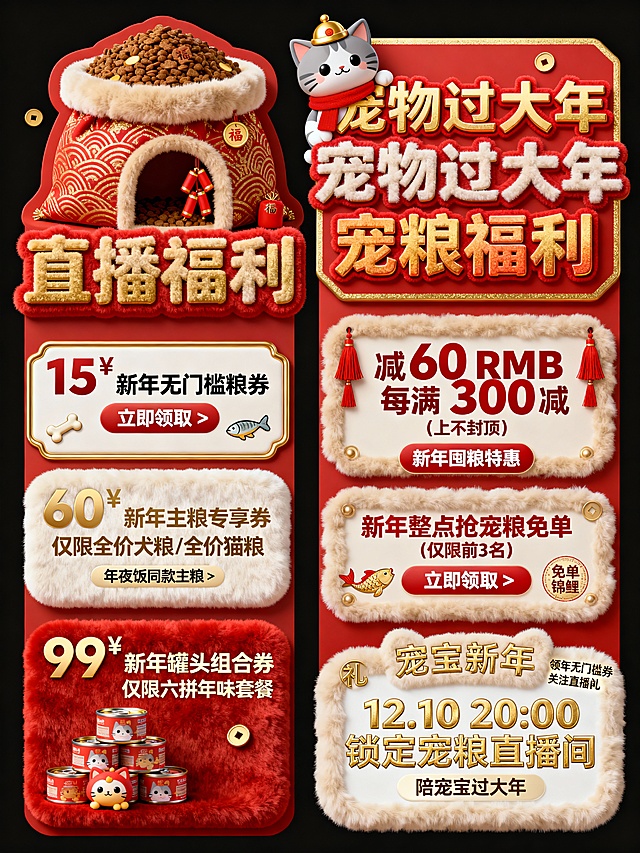 毛绒卡通风格宠物食品直播间双标签视觉设计，采用红 + 金 + 米新年喜庆高饱和撞色，满溢浓浓年味；左标签为红底金边宠物窝异形造型，为一个整体，顶部装饰 3D 堆积的红金纹新年款宠粮袋、堆叠成宝塔状罐头塔，点缀毛绒质感红色小鞭炮与金色小福字，核心大字 “宠物过大年 直播福利” 以红金渐变立体字呈现，字体边缘带毛绒绒边效果，字右侧黏附 1 个戴红色小围巾的 3D 卡通猫头，下方三层新年礼券模块均带金色描边、米白色底衬与圆润毛绒处理，第一层是 “15¥ 新年无门槛粮券 立即领取 >”（红金撞色，旁缀迷你卡通骨头 / 小鱼干图标），第二层是 “60¥ 新年主粮专享券 仅限全价犬粮 / 全价猫粮”（米白色底配金色字体，标注 “年夜饭同款主粮” 小字），第三层是 “99¥ 新年罐头组合券 仅限六拼年味套餐”（红色底配金色字体，旁缀 3D 卡通罐头堆叠图案）；右标签为红底金边矩形造型，顶部核心大字 “宠物过大年 宠粮福利” 为红金渐变立体字，字左侧黏附 1 个顶金色小福帽的 3D 卡通猫头，下方三个新年福利模块均带红色小流苏装饰与毛绒卡通边框，第一层是 “减 60RMB 每满 300 减（上不封顶）”（红金撞色，字体放大加粗，标注 “新年囤粮特惠” 小字），第二层是 “新年整点抢宠粮免单（仅限前 3 名）”（红色字体突出，旁缀 “免单锦鲤” 金色小印章图案），第三层是 “领 新年无门槛券 关注直播间 立即领取 >”（米白色底配金色字体，加 “宠宝新年礼” 字样），底部以金色加粗字体醒目标注 “12.10 20:00 锁定宠粮直播间 陪宠宝过大年”。背景为纯黑色。