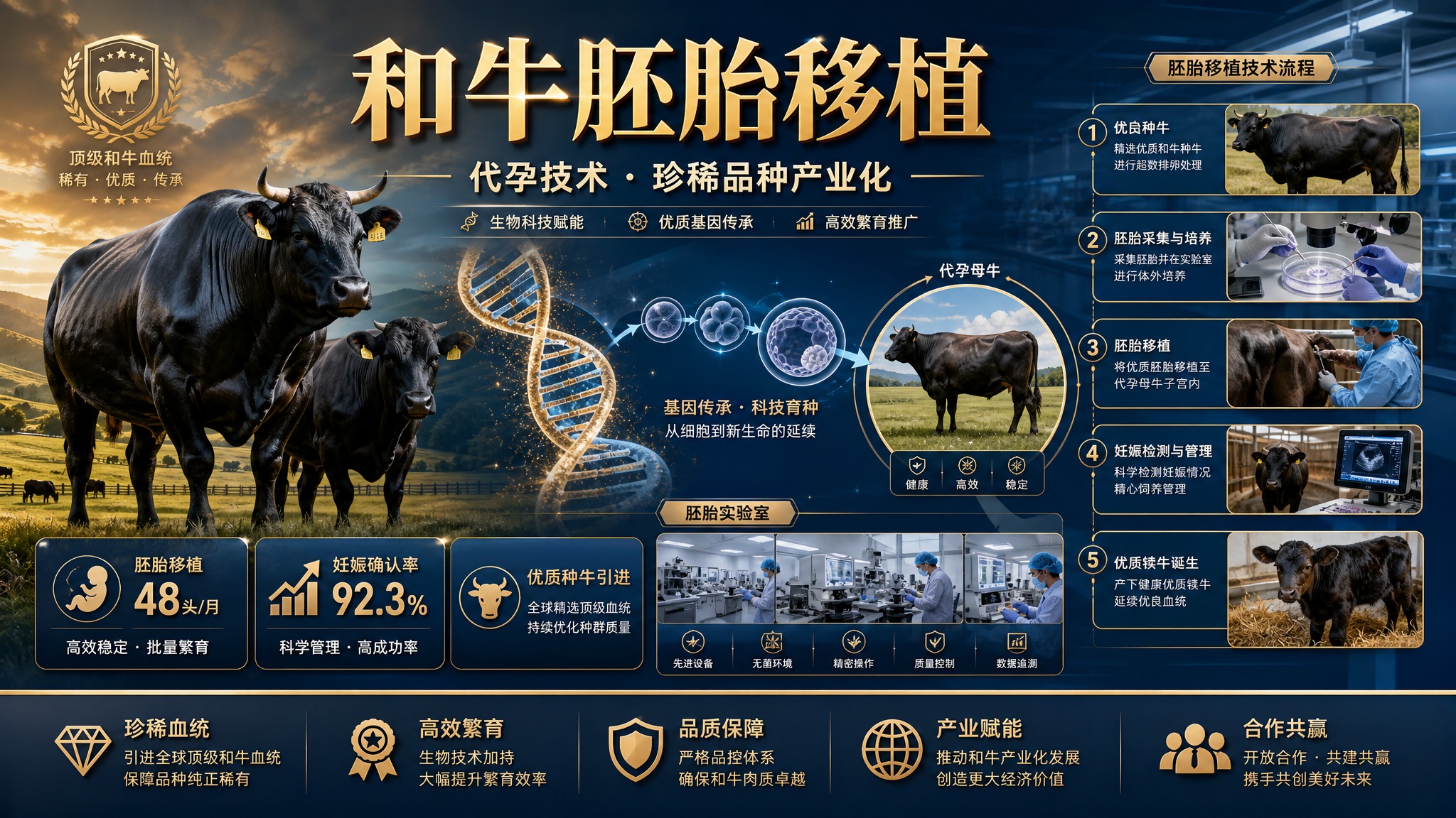 和牛培育胚胎移植主题墙绘海报，横版构图，高端专业科技风格。画面… - 图片创意预览